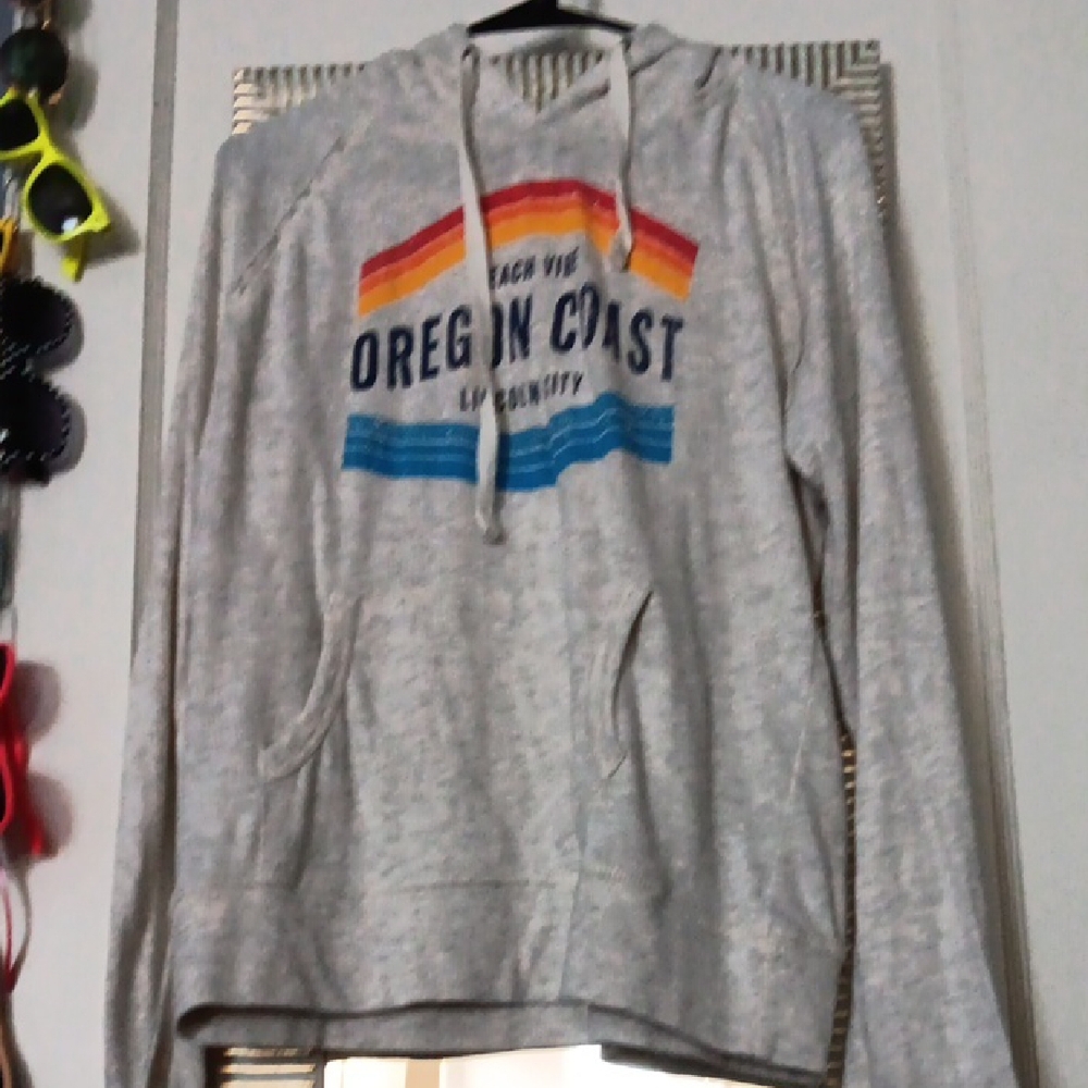 Gray Oregon Coast Hoodie with Rainbow Stripes, Large